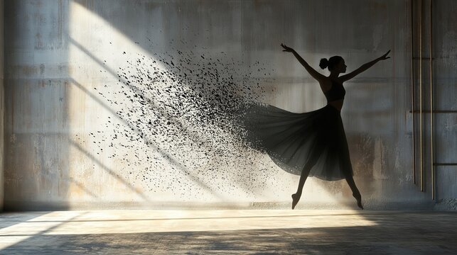Silhouette of a ballerina in a dance studio. the dancer is in mid-air, with her arms stretched out to the sides and her legs bent at the knees.