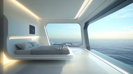 Futuristic High-Tech Bedroom with Sleek Minimalist Design, Smart Lighting, and Integrated Technology