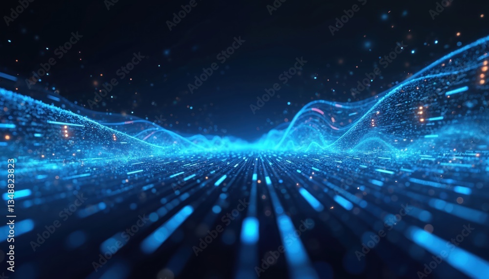 Poster blue light trails represent data flow against dark background. abstract tech design depicts informat