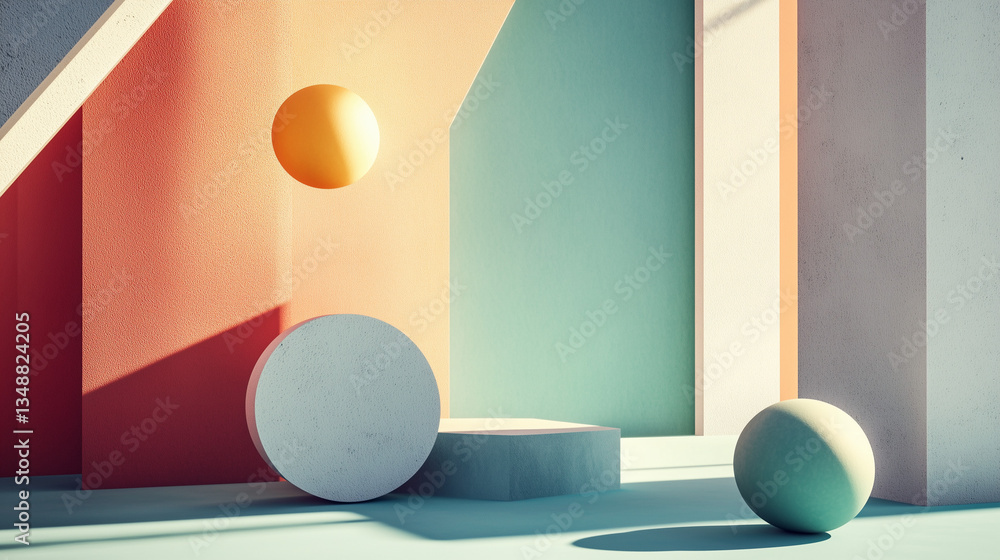 Poster abstract geometric composition with colorful shapes and shadows in a modern setting