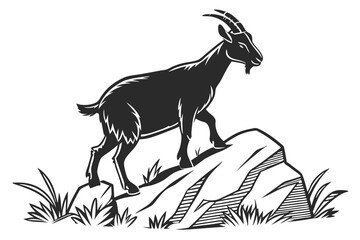 Goat standing on rock vector all shape black color line art  on white background