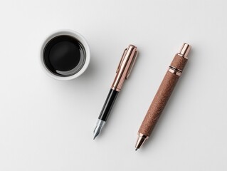 Elegant pens and ink on a minimalist desk.