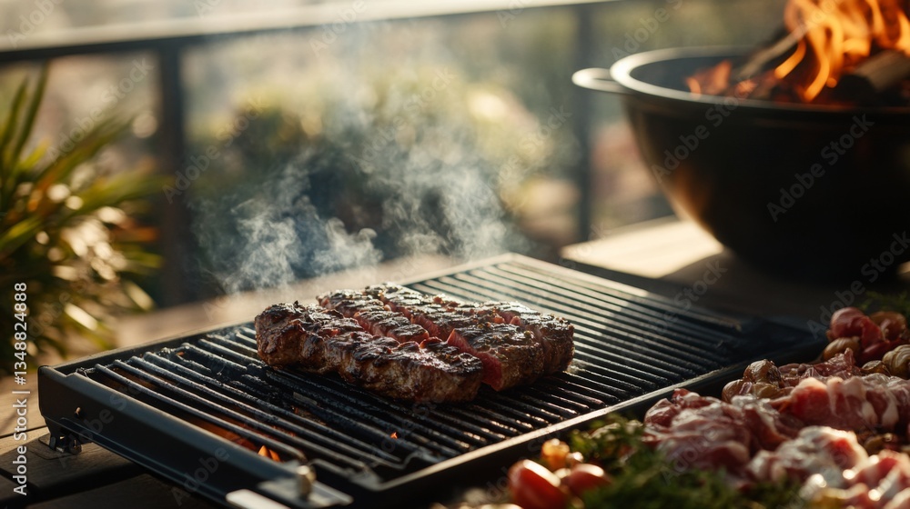Poster a cozy outdoor grill scene featuring a bistecca cooking over an open flame, with smoky aromas and th