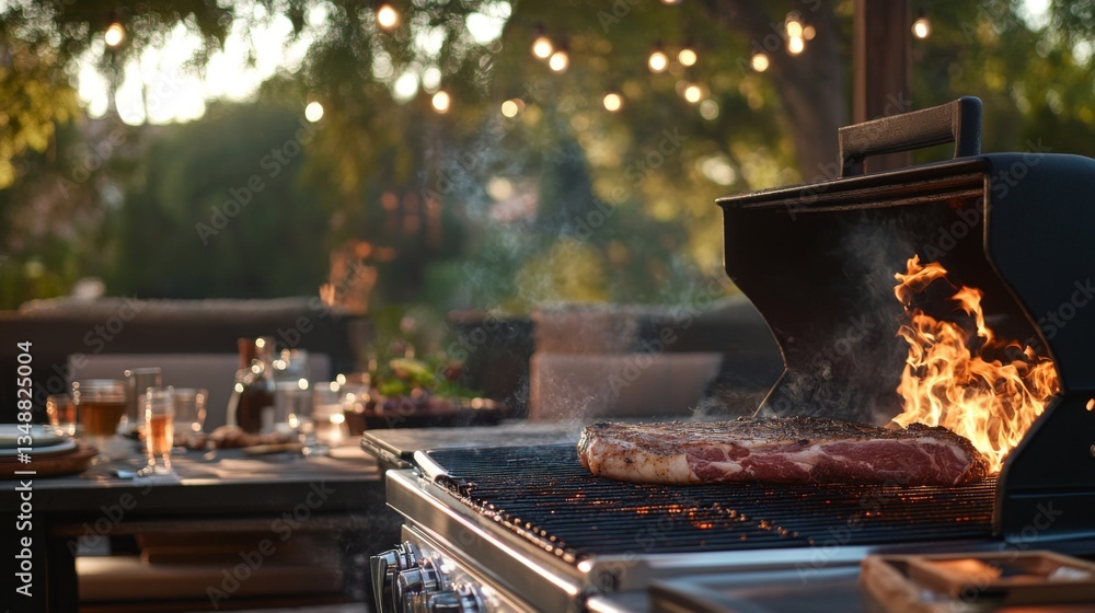 Poster a cozy outdoor grill scene featuring a bistecca cooking over an open flame, with smoky aromas and th
