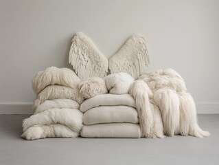 Elegant white pillows with decorative wings.
