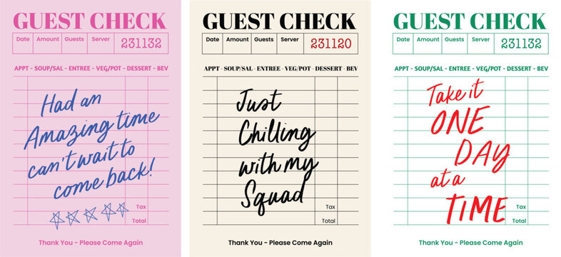 Fun restaurant sayings in Guest Check List receipt concept for wall art, posters, postcard. t-shirt design graphics, banners and templates. Travel, restaurant, cafe art decor. 