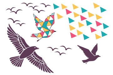 53 Colorful paper cutout birds, simplified bird silhouettes, vibrant origami swallows, flying bird shapes, playful geometric avian forms, multi-colored flock, stylized bird art, whimsical bird collage