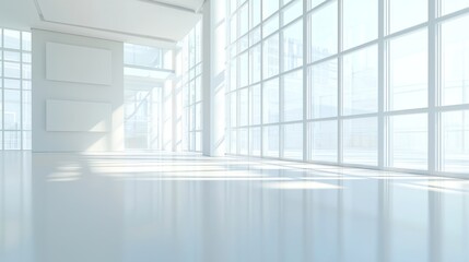 Fototapeta premium Modern White Architectural Interior Design: Sunlit Spacious Room with Large Windows and Blank Canvases
