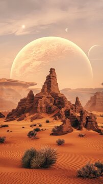 Sci-fi desert landscape with giant planet in sky