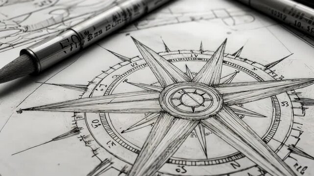 Hand-drawn compass rose on paper, pencils nearby