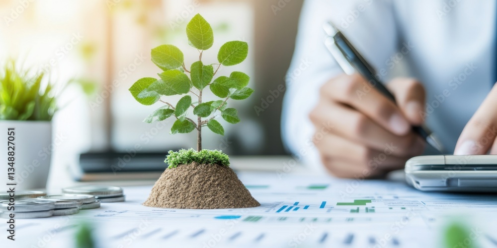 Aufkleber close-up of a professional assessing environmental impact with a plant on documentation amidst finan
