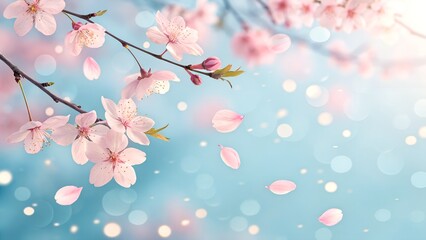Fototapeta premium Spring Pastel Backgrounds. Pink cherry blossoms with petals falling on soft blue bokeh background. Ideal for springtime, romantic designs, wedding themes, and nature scenes.