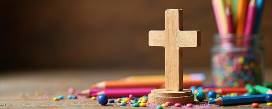 Wooden cross, colorful pencils, candies on wooden table. School supplies for kids, Christian church VBS. Religion concept, education, faith, bible study, spiritual growth, learning.