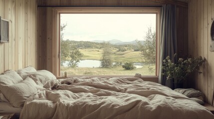 A peaceful Nordic bedroom with natural wood accents, soft bedding, and a large window overlooking a serene landscape, creating a calming retreat.