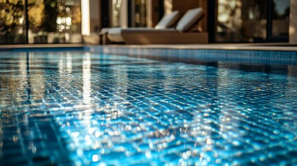 a high-end swimming pool with a bottom made of pure platinum tiles, creating an ultra-luxurious reflective effect.