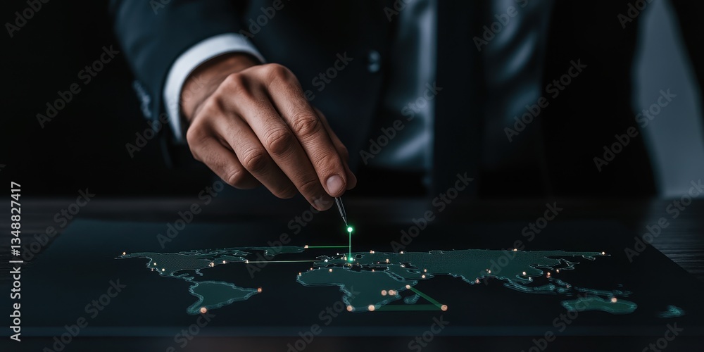 Poster a detailed view of a hand tracing a green connectivity path on a map highlighting global locations a
