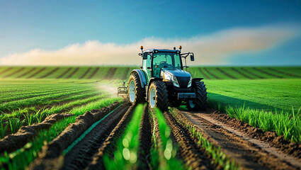 Obraz premium Modern tractor cultivating green rice fields under a clear sky at sunset, showcasing agricultural innovation and productivity