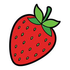 Obraz premium Stylized Red Strawberry with Green Leaves and Seeds Outline on a White Background