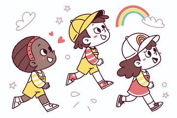 54 Cartoon children, diverse characters, simple line drawings, colorful outfits, playful poses, walking and running, multicultural, cheerful expressions, hand-drawn style, white background, whimsical,