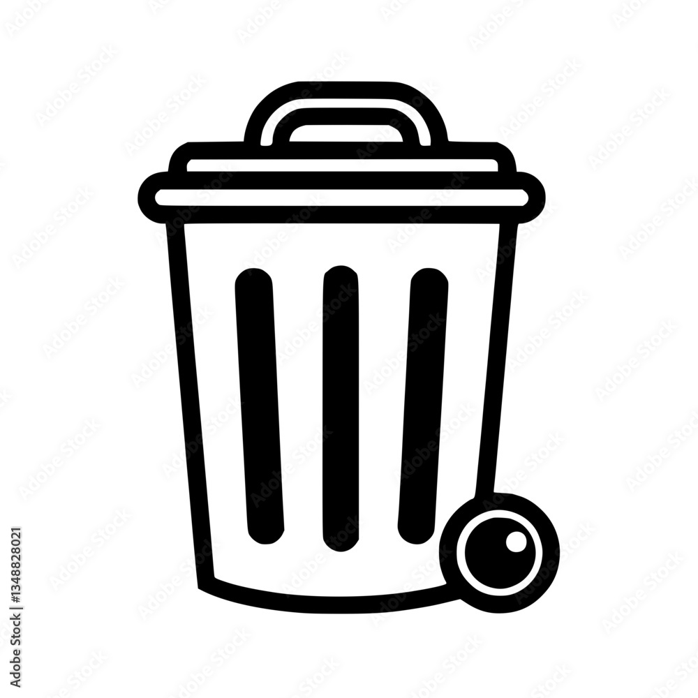 Poster a and illustration of a trash can on wheels with a handle and lid the trash can has three vertical s
