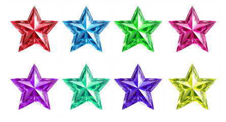set of colorful crystal stars isolated on transparent background