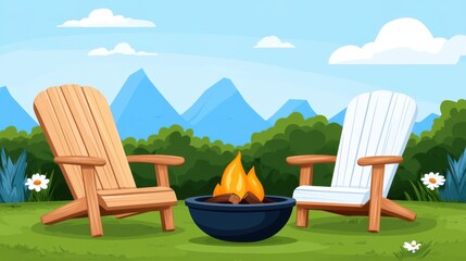 Cozy Outdoor Scene with Two Chairs and a Campfire Surrounded by Lush Greenery and Majestic Mountains