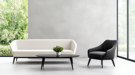 A stylish living room featuring a white sofa, black chair, and minimal decor, creating a modern and inviting atmosphere.