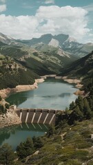 Panoramic reservoir between the green mountns with swamp dam contning the water atazar madrid
