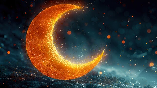 Ramadan kareem and Ramadane mubarak. Shiny Exquisite Crescent Moon With Carved Mosque On Night Background.  HD 8K wallpaper Photographic Image