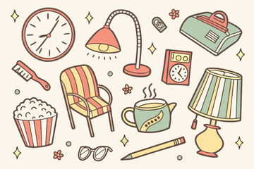 55 Household items illustration, colorful hand-drawn style, everyday objects, toothbrushes, glasses, hairbrush, shower cap, popcorn, coffee mug, teapot, fan, clock, lamp, chairs, table, vase, shoes, p