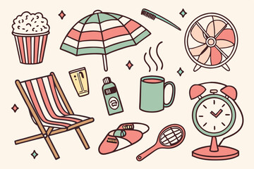 55 Household items illustration, colorful hand-drawn style, everyday objects, toothbrushes, glasses, hairbrush, shower cap, popcorn, coffee mug, teapot, fan, clock, lamp, chairs, table, vase, shoes, p