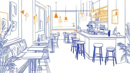 Interior sketch of cafe, tables, chairs, bar, windows. Sketch style. Possible use Restaurant design inspiration