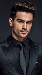 Close-up, a portrt of a handsome stylish man in an elegant black suit over a dark background.