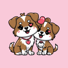 Two adorable cartoon dogs in love with hearts on a pink background