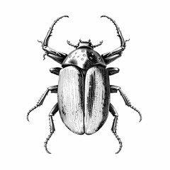 Intricate Beetle Illustration: A detailed, vintage-style illustration showcasing a unique beetle, with its segmented body, prominent mandibles, and textured shell, perfect for showcasing entomology.