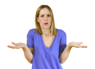 Young woman standing over transparent isolated background clueless and confused expression with arms and hands raised. Doubt concept. PNG transparent