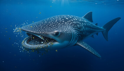 Whale shark swimming in clear blue waters with an open mouth filtering food particles for a stunning underwater scene