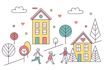 56 Colorful minimalist illustration, tiny people, geometric shapes, houses, trees, flat design, playful, whimsical, pastel colors, white background, pattern, diverse characters, simple forms, stylized