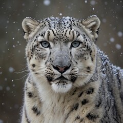 Fototapeta premium A snow leopard with a dusting of snow on its nose, gazing curiously at the viewer.