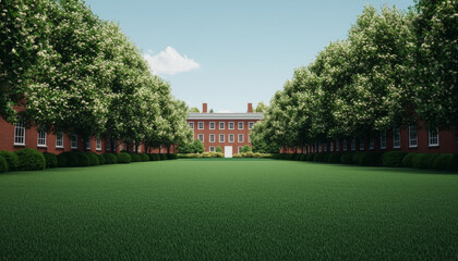 serene campus scene featuring well maintained lawn bordered by lush trees and classic brick buildings, evoking sense of tranquility and academic