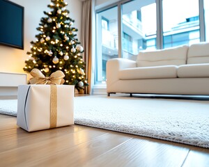 A cozy living room adorned for the holidays, featuring a beautifully decorated Christmas tree and a gift on the floor.