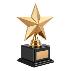 A golden star trophy atop a black pedestal against a stark black background in a studio setting transparent background