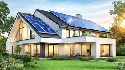 Eco-friendly home with sleek solar panels, vibrant colors, and a lush lawn for sustainable living