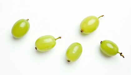 Flat lay of fresh green grapes on white background. Ripe, juicy berries isolated. Healthy organic food. Ingredient for juice, wine. Freshness, natural, harvest, market concept.