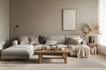 A warm living room with soft neutral walls, a light gray sectional sofa, and a wooden coffee table, accented with