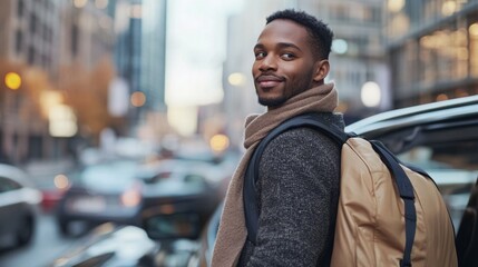 Fototapeta premium Smiling young Black man with a backpack looks over his shoulder in a city setting.