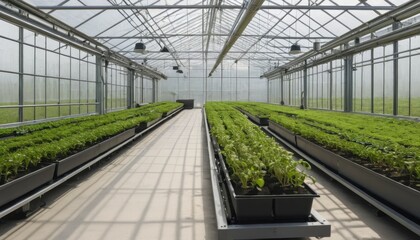 Perspective view inside a modern greenhouse with rows of growing seedlings