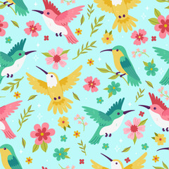 Multicolored seamless pattern with hummingbirds and flowers. Vector graphics.