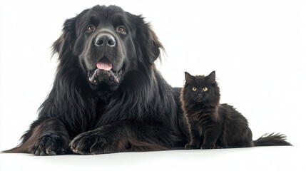 Fototapeta premium White background, one big black dog and one little black cat, sitting and looking on camera 