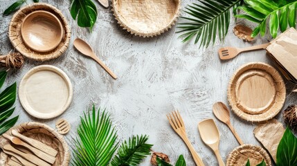 Eco-friendly dinnerware arrangement tropical setting food presentation natural elements aerial view sustainable lifestyle